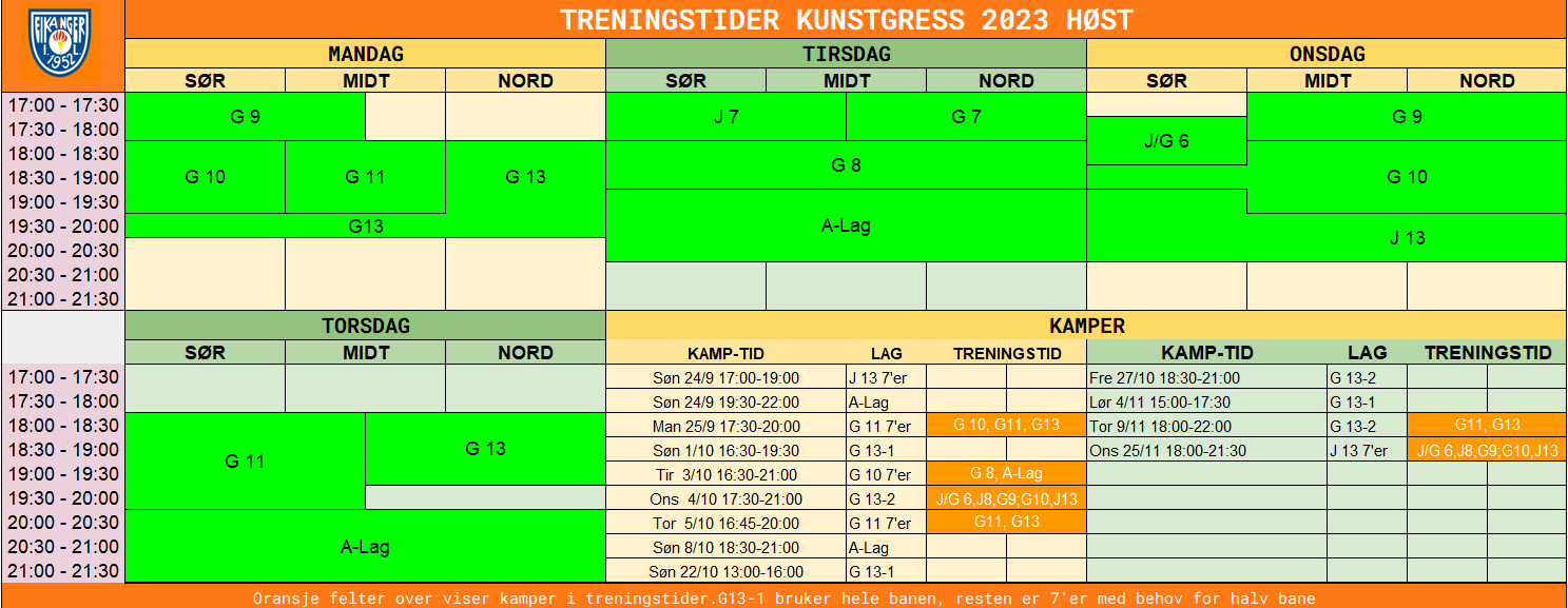 Treningstider og hjemmekamper for Eikanger IL fotball på Ostereidet kunstgress høst/vinter 2023/24