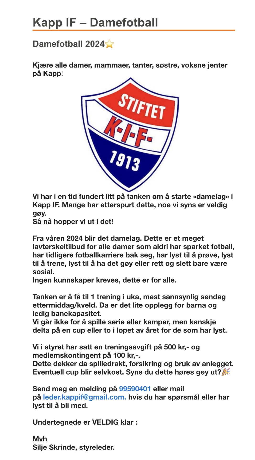 ⭐️ Kapp IF - Damefotball ⭐️