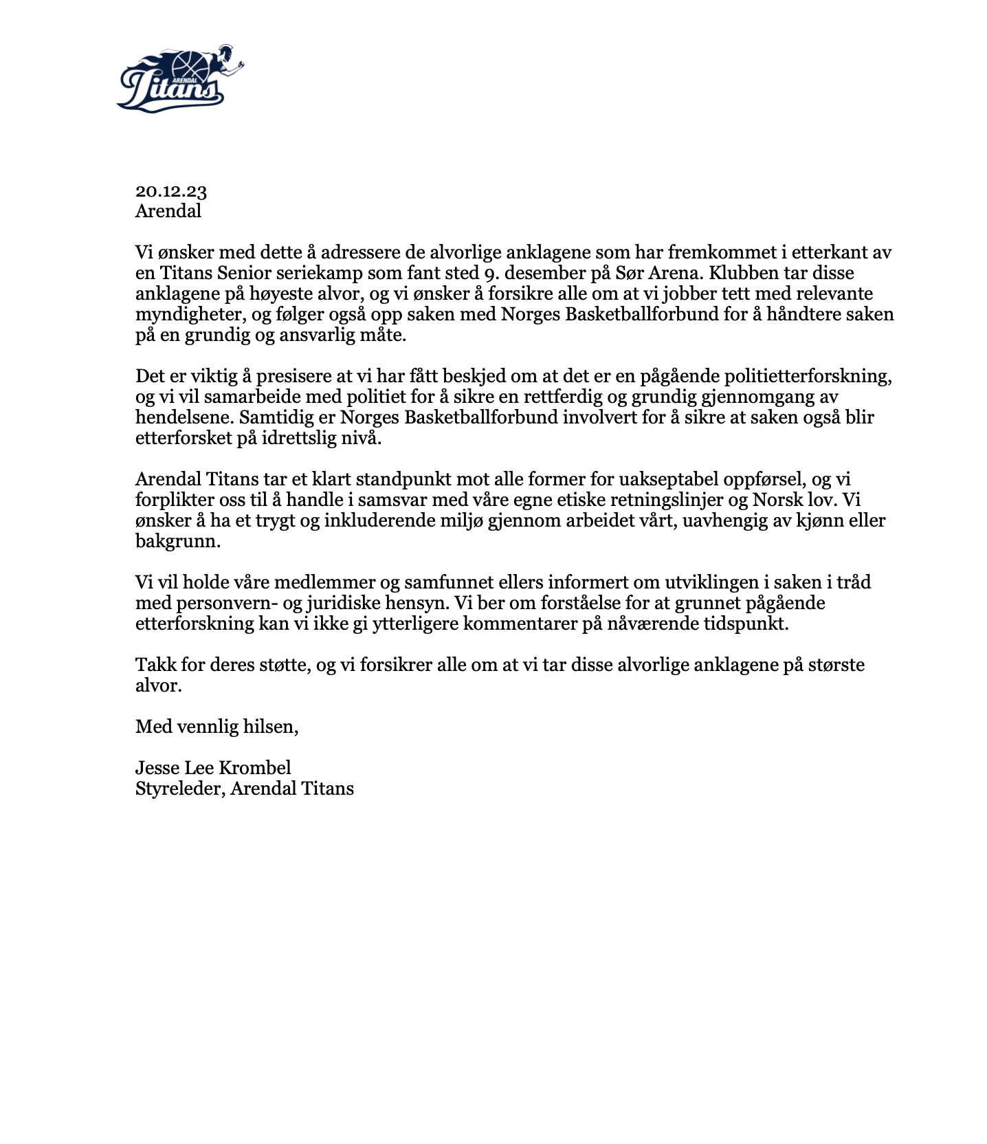 Offisiell klubb uttalelse fra 09.12 Titans Sør Senior-kampen