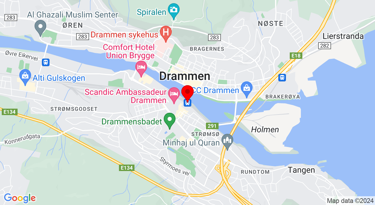 Google Map of https://www.google.com/maps/place/Drammen stasjon, for så opp til konnerud.,3040+DRAMMEN