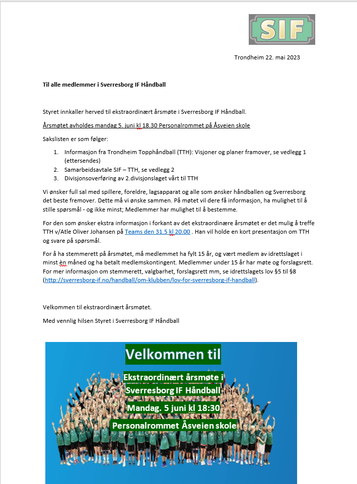 Innkalling til ekstraordinært årsmøte i Sverresborg håndball mandag 5 juni